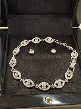 Givenchy Silver-Tone Crystal Link Bracelet with Stud Earrings